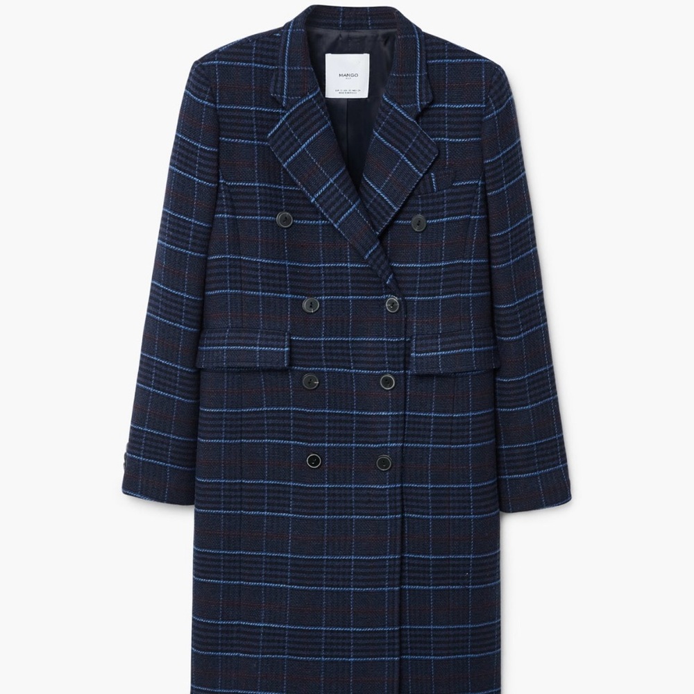 MANGO Navy Blue Plaid Double Breasted Wool Coat Lapels Wool Trench Coat Size XS - Picture 3 of 9